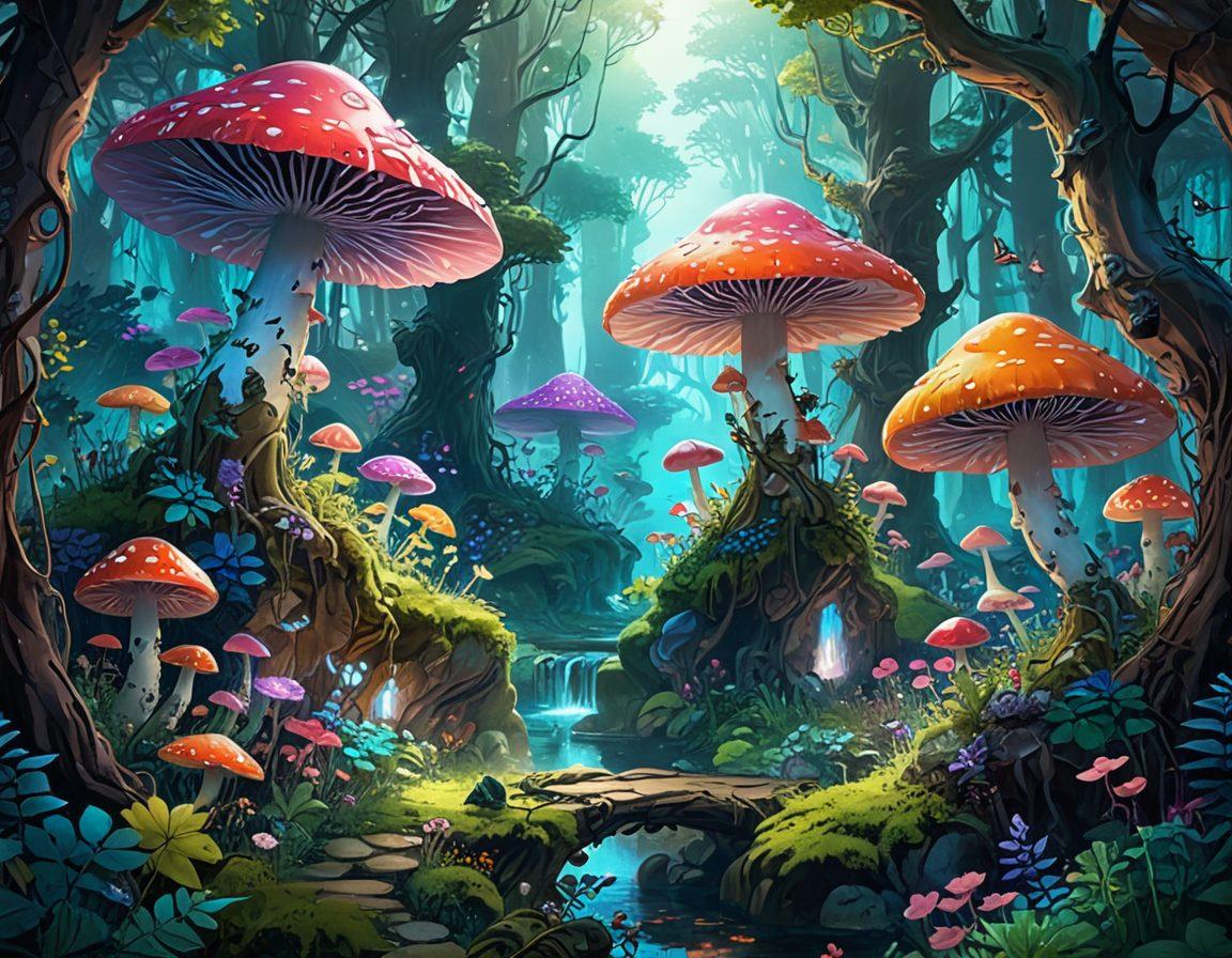 A fantasy landscape filled with colorful, enchanting creatures inspired by erotic anime, showcasing a blend of fantasy and allure. Inhabitant characters are playfully interacting in a vibrant forest, featuring whimsical elements like oversized flowers and glowing mushrooms. The scene should evoke a sense of adventure and curiosity, capturing the essence of exploration in the world of hentai. The atmosphere is lively and colorful, inviting the viewer into a realm of imagination. vibrant colors. anime-inspired. whimsical art.