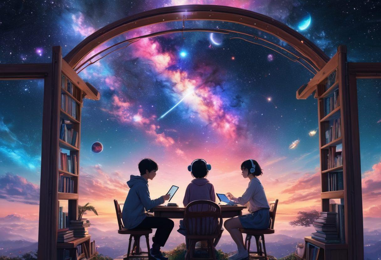 A vibrant and colorful digital collage illustrating a fantastical universe filled with various anime-style characters exploring different platforms and communities centered around hentai. Include whimsical elements like manga books, chat bubbles, and headsets to represent interaction and connection. Create a backdrop of a starry sky to enhance the cosmic theme. Super-realistic. Bright, vivid colors.